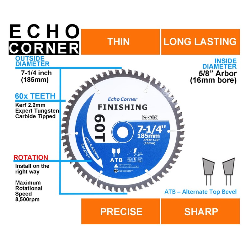 Echo Corner 7-1/4-Inch Fine Finish Wood Cutting Ciruclar Saw Blade,