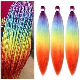 BALINGHAIR Pre Stretched Braiding Hair 28 Inch Braids Hair Ombre Purple to Sky Blue to Yellow to Orange (D8-3Packs)