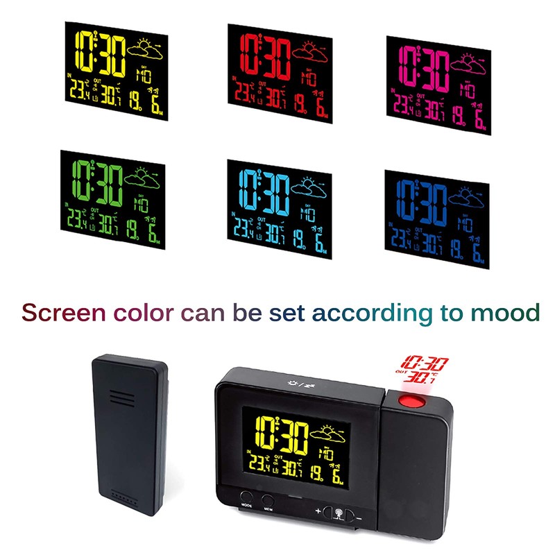 ALLOMN Digital Projection Alarm Clock, Indoor Outdoor Temperature, Weather Forecast,