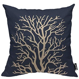 Mugod Coral Throw Pillow Coral Reef Irregular Shape Exotic Beautiful Plant Navy Blue Cotton Linen Square Cushion Cover Standard Pillowcase 18x18 Inch for Home Decorative Bedroom/Living Room/Car