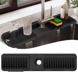 24 Inch Silicone Faucet Mat for Kitchen Sink Splash Guard – Upgraded Draining Mat with Water Tray Behind Faucet – Countertop Protectors to Catch Spills (Black, 24" x 5.5" )