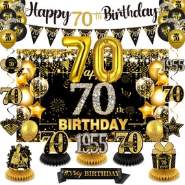 Black Gold 70th Birthday Decorations for Women Men Happy 70th Birthday Triangle Flag Banner Balloons Vintage 1955 Honeycomb Centerpiece Hanging Swirls Sash Decor for 70 Years Old Anniversary Supplies