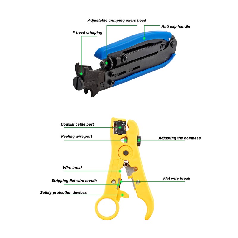 Coaxial Cable Crimping Pliers Combination Tool Adjustable Portable Coax Stripper