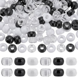 SUNNYCLUE Pack of 600 Pony Beads 6 x 9 mm Opaque Pony Beads Black White Plastic Beads Transparent Pony Beads Set Round Craft Beads for Jewellery Making Beads Sets D