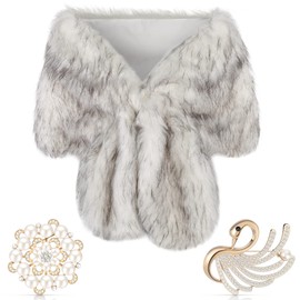 Geyoga Faux Fur Shawl Wrap Stole Shrug Winter Bridal Wedding Scarf Wrap with Faux Pearl Rhinestone Brooches for Women 1920s (Gray White, Medium, Long Hair)