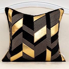 Alerfa 18 x 18 Inches Black Geometric Gold Leather Striped Cushion Cases Embroidery Modern Throw Pillow Covers Decorative Pillows for Couch Living Room Bedroom Car 45 x 45cm