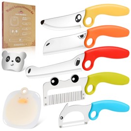ZLemma Kids Kitchen Knife Set with Magic Book Gift Box & Educational Ring, 7-Piece Animal Cooking Tools, Safe Stainless Steel Knives, Finger Guard & Cutting Board, Montessori Cooking Set for Kids