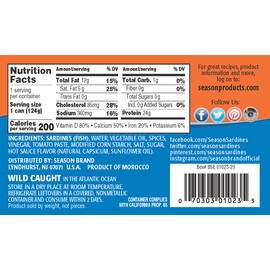 Season Sardines in Hot Sauce - Wild Caught, 24g of Protein, Keto Snacks, More Omega 3's Than Tuna, Kosher, High in Calcium, Canned Sardines - 4.37 Oz, 12-Pack