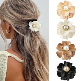 4 Pcs Flower Hair Claw Clips for Women Medium Bright Surface Flower Peal Claw Clips Strong High Ponytail Holder Nonslip Hair Jaw Clips Thin Thick Hair Clamp Hair Accessories for Hawaiian