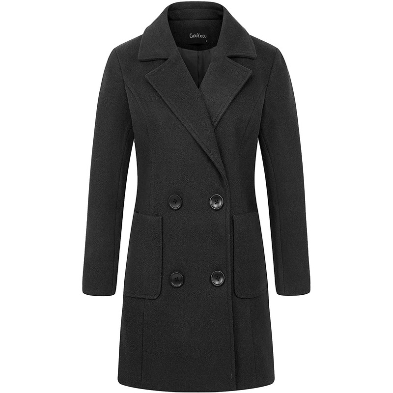 chouyatou Women Elegant Notched Collar Double Breasted Wool Blend Over