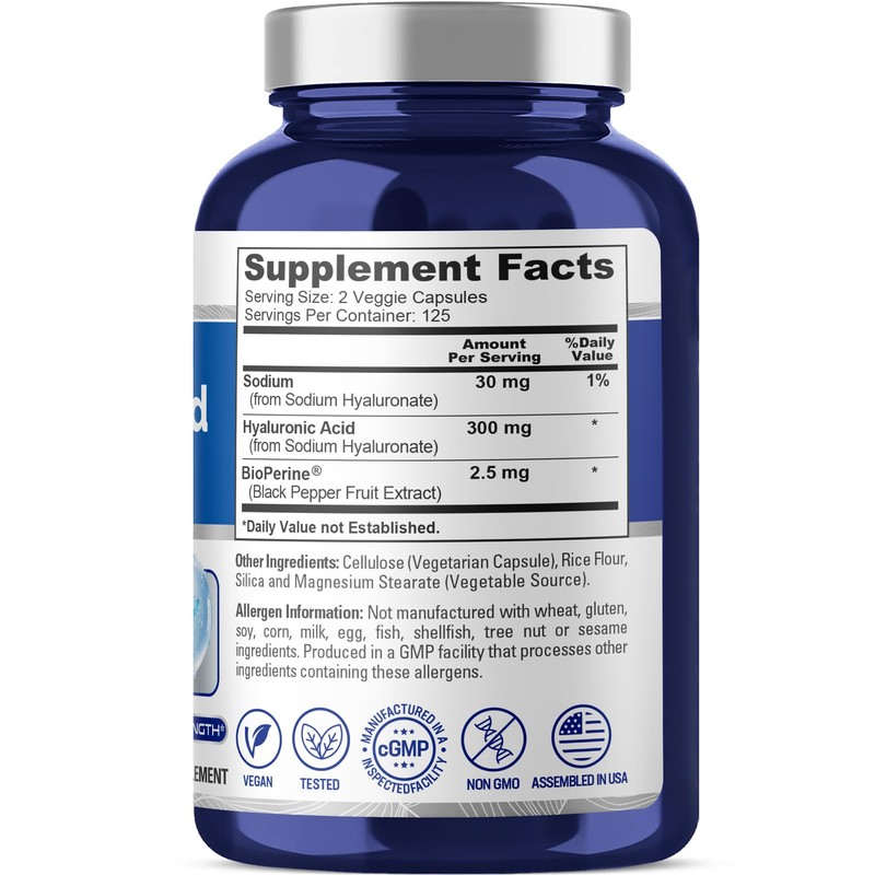 NusaPure Hyaluronic Acid 300mg 250 Veggie Capsules (Non-GMO, Vegan)