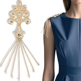 PEARLY JUN Rhinestone Applique Patches Gold Diamond Epaulettes Shoulder Trim Fringe Patches for Dresses Hand Sewing Craft Projects DIY Wedding Clothes Shoes Hats Bag Embellishments