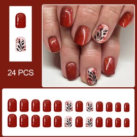 Short Square Press on Nails Fall Flower Fake Nails Red Glitter False Nails Autumn Floral Design Gel Glue on Nails Glossy Acrylic Artificial Nail Reusable Full Cover Stick on Nail for Women 24Pcs
