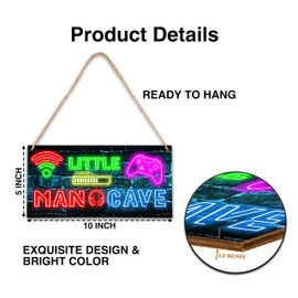 Little Man Cave, Neon Gaming Wooden Door Sign for Gamer Room Decor, Boys Decorations for Bedroom Nursery Playroom Wall Art (5"x10") -A06