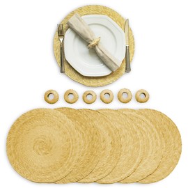 Natural Woven Round Placemats Set of 6 (with Napkin Rings) - Handmade Round Placemats for Dining Table Set of 6 - Straw Placemats for Dining Table - Wedding Placemats - Wicker Chargers