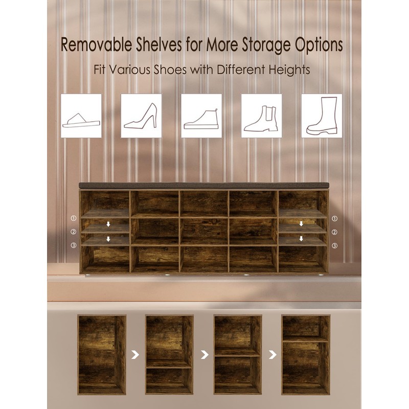 DINZI LVJ Shoe Storage Bench with Cushion, 15-Cubby Rack, Adjustable