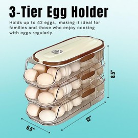 DAZZLEREE 3-Tier Egg Holder for Fridge, Rolling Egg Dispenser with Detachable Trays, Holds 42 Eggs, BPA-Free Organizer with Handles and Time Tracker