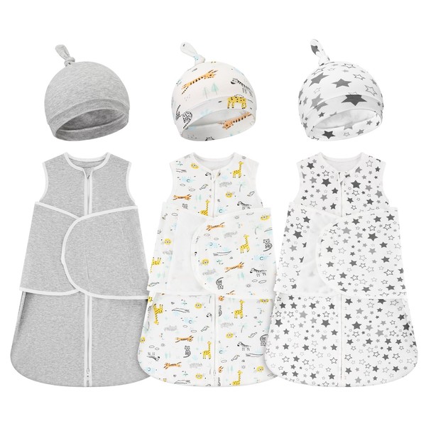 Silicherry 3 Pack Newborn Swaddle Set Baby Swaddle Hat Set Zip Wearable Blanket Transitional Swaddle Sleeping Bag for Newborn(0-3 Month)