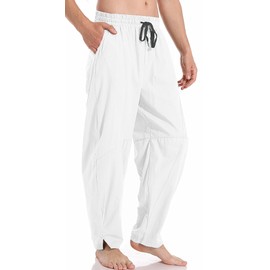 AITFINEISM Mens Cotton Linen Pants Elastic Drawstring Waist Lightweight Summer Beach Pants (32-34, White)