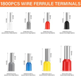 Quuylin Wire End Ferrules Set, 1800 Pieces, Wire End Ferrules 0.5 mm² - 10 mm², Cable End Ferrules Set, Insulated Wire End Ferrules for Wire Connection, Insulated Wire End Ferrules Assortment, with