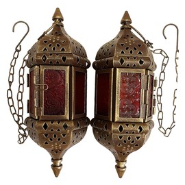 2PCS Moroccan Decorative Candle Lantern Metal Hanging Tealight Candlestick Holder Glass Indoor Outdoor LED Flameless Candle Holder 13.8 inches Chain (Vintage Bronze Gold)