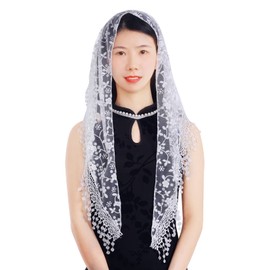 Lystaii Triangle Lace Mantilla Veil with Tassel Tulle Scarf Shawl Cathedral Head Covering Floral Chapel Veil for Mass Wedding (White)
