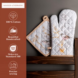 Maison d' Hermine Easter Oven Mitt & Pot Holder 100% Cotton Heat Resistant Combo for BBQ, Cooking, Chef, Wedding, Meadow Florals - Beige-Spring/Summer, Oven Mitt(19cm x 33cm) & Pot Holder(20cm x 20cm)