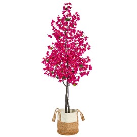 Nearly Natural 6ft. Pink Artificial Bougainvillea Tree with Handmade Jute & Cotton Basket