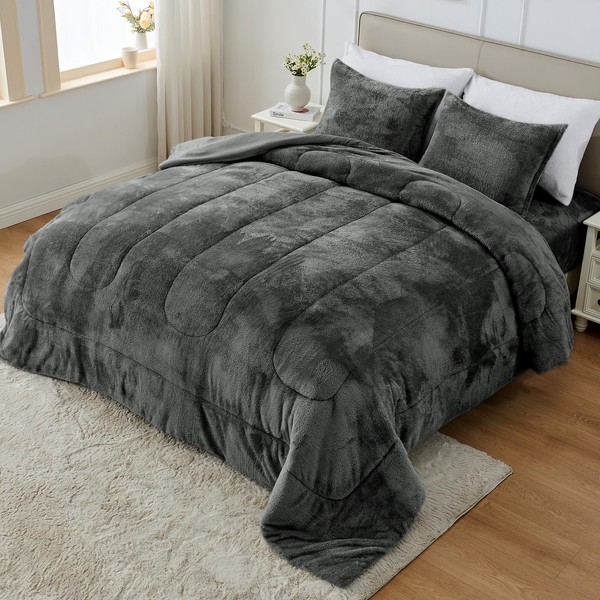 YIYEA Faux Fur Comforter Set Queen Size with Fitted Sheet,