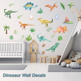 Cartoon Dinosaur Wall Decals for Boys Room, 27Pcs Watercolor Dino Wall Stickers Peel and Stick with T-Rex Stegosaurus Pterodactyl Volcano Palm Trees for Kids Toddler Bedroom Playroom Wall Decor