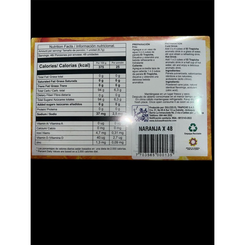 PANELA en cubos Instantánea saborizada 48 cubos peso neto 320g