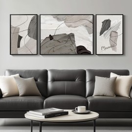 Framed Abstract Black and White Grey Wall Art for Living Room, 3 Piece Modern Canvas Painting Prints, Large Minimalist Artworks for Dining Room Bedroom Hallway Office Wall Decor, 16x24 Inch