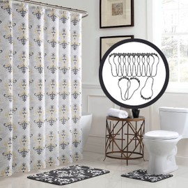 Creative Home Ideas 15-Piece Bathroom Shower Curtain Set, 72"x72", Cameron Yellow/Grey/White