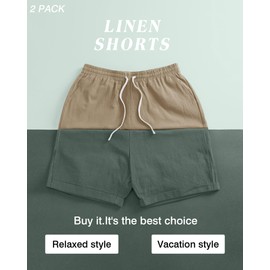 Ficerd 2 Pack Men's Big and Tall Linen Shorts Cotton Casual Elastic Waist Drawstring Summer Beach Shorts with Pockets(Khaki, Army Green,3X-Large)