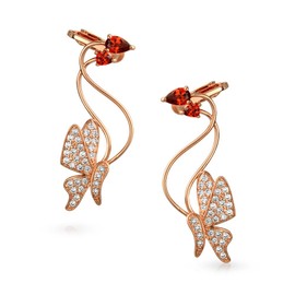 3D Wire Reddish Pink Cubic Zirconia Garden Insect Butterfly Helix Ear Pin Climber Crawler Cartilage Lobe Earrings For Women Teen Rose Gold Plated Brass