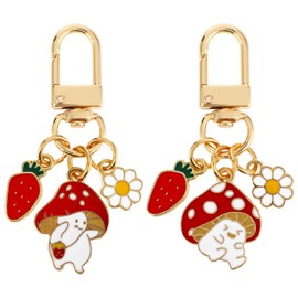 Jeffdad 2 Pcs Key Charms for Keychain, Mushroom Strawberry Cute Keychains, Keychain Keyring Charms for Bag Car Ornaments, Party Valentine's Day Gift for Women Girls