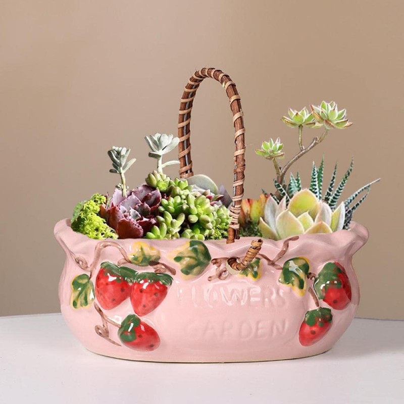Sizikato Stoneware Porcelain Flowerpot with Handle, 7.3-Inch Succulent Planter, Red