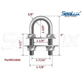 SeaLux Marine Boat Bow Eye Stern Eye U Bolt Tie Down 3/8" Stock, 3" Overall Length, 1-1/2" Thread Length with Hex Nuts and washers-SL7846