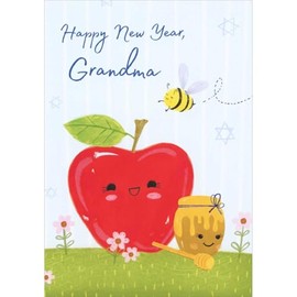 Designer Greetings Honey Jar and Apple with Smiley Faces Juvenile Rosh Hashanah Card for Grandma