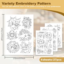 DOODLREAM 27Pcs Angry Shark Water Soluble Hand Sewing Stabilizers, 21x29.7cm Animal Embroidery Pattern Stabilizer, 4 Sheets Different Shark Stick and Stitch Embroidery Paper Sticker