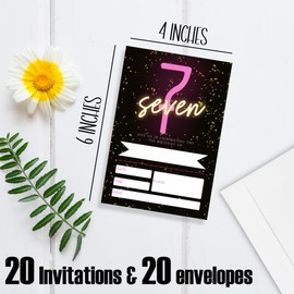 FRRCREU 7th Birthday Invitations, 20 Pcs Glow neon Fill In Invites With Envelopes,7 years old invites For Girls Birthday Celebration, Party Favor And Supplies - A06