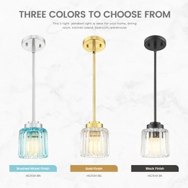 Emliviar 1-Light Pendant Light with Blue Fluted Ripple Glass, 5 Inch Industrial Hanging Light, Brushed Nickel Finish, HE293H BN