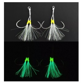 PROYAKER Salty Bastards Glow Twin Assist Hooks Set of 2 by PROYAKER,  lot also available  - 4/0 Long Line Glow 10 packs of 2 sets each