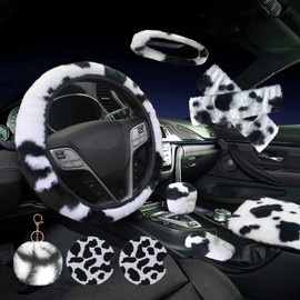 ZYNQACC 10 Pack Cow Print Car Accessories for Women & Girls, Fluffy Plush Cow Steering Wheel Cover Universal 15 inch Cute Car Interior Decor