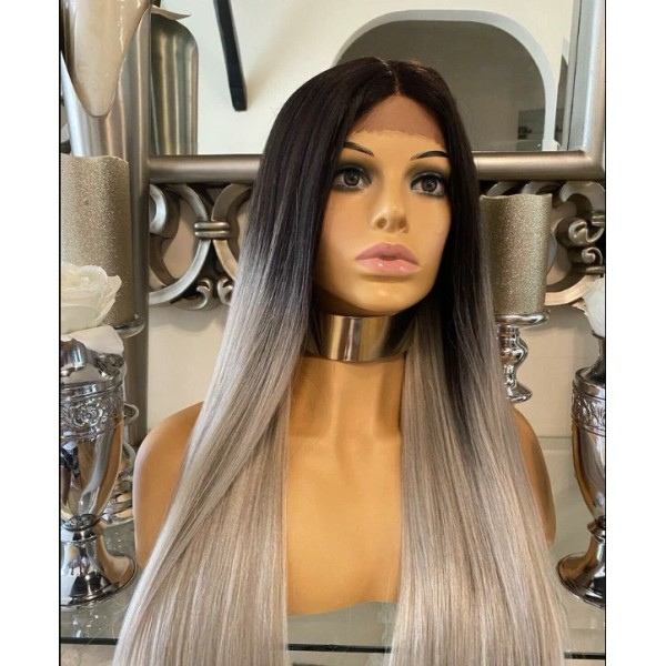 Unbranded Long Straight Dark Root Gray Synthetic Lace Front Wigs