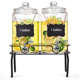 1 Gallon Glass Drink Dispenser Set of 2, Drink Dispensers for Parties, Beverage Dispenser with Stand, Glass Lid, 100% Leakproof Spigot, Ideal for Lemonade, Juice, Iced Tea, Laundry Detergent Dispenser