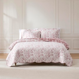 Lush Decor Peony Toile Reversible Cotton Quilt 3 Piece Set King/Cal King Rosewood - Floral Quilt - Pink Bedding Set - Scalloped Edge - Coquette Decor