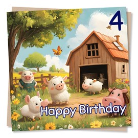 Happy 4th Birthday Card For a Child, Kid, Son, Daughter, Grandson, Granddaughter Friend - Fourth Birthday - 4 Birthday, Four Celebrations - Animal Lover, Farm, Farmyard - Playful Birthday Wishes