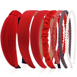 Kotkiddy 7 Stück Haarreifen Set Damen, verschiedene Modelle, Perlen Stirnbänder, Stirnbänd Kunststoff Haarreif Stirnbänder Haarband für Mädchen Damen(Rot)
