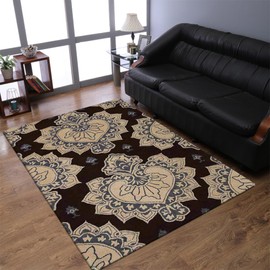 Hand Tufted Wool ECO-Friendly Area Rugs - 5'x8', Rectangle Shape, Cream & Brown, Floral Modern Design, High Pile Thick Handmade Area Rugs for Living Room, Bed Room (K00507)